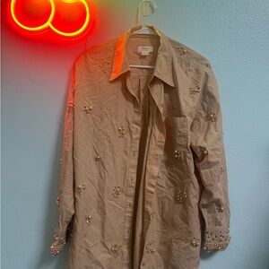 Anthropologie Beige Button-Down Shirt with Pearl Embellishments